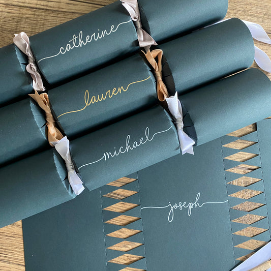 Personalised Forest Green Christmas Crackers and Place Settings, Cracker Kit.